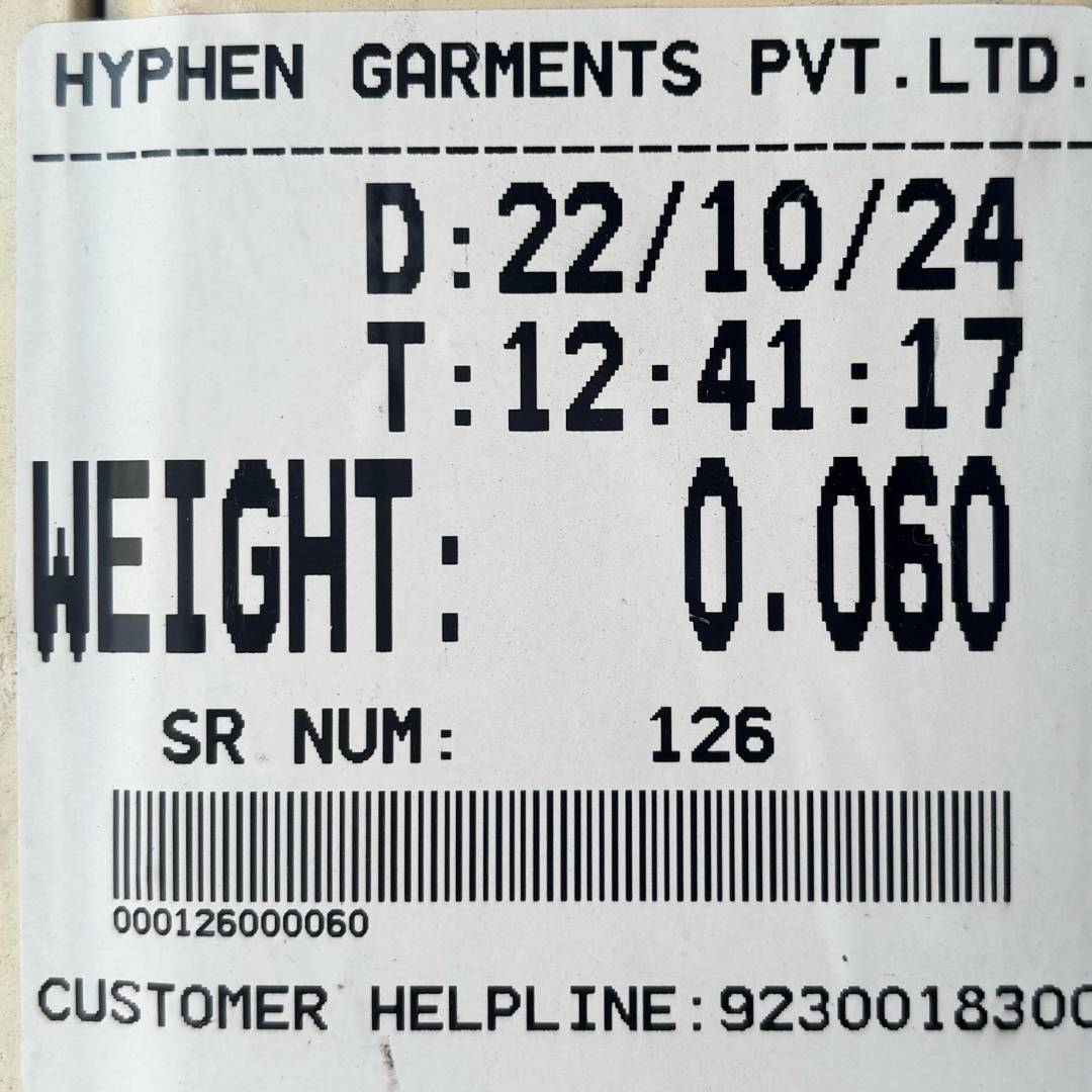 Hyphen Garments weight barcode label with serial number date time