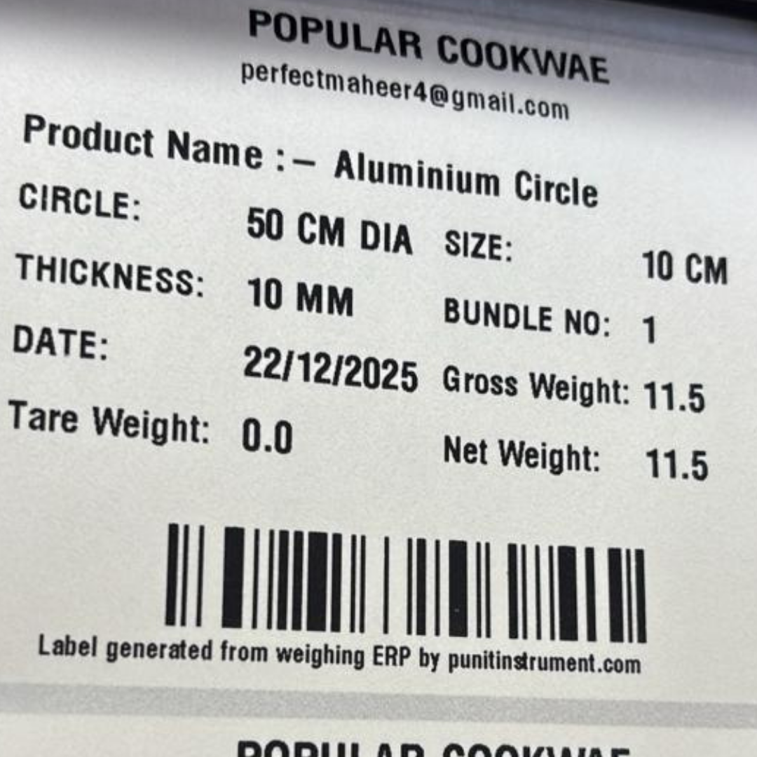 Cookware aluminium circle weighing scale barcode label with diameter thickness gross tare and net weight