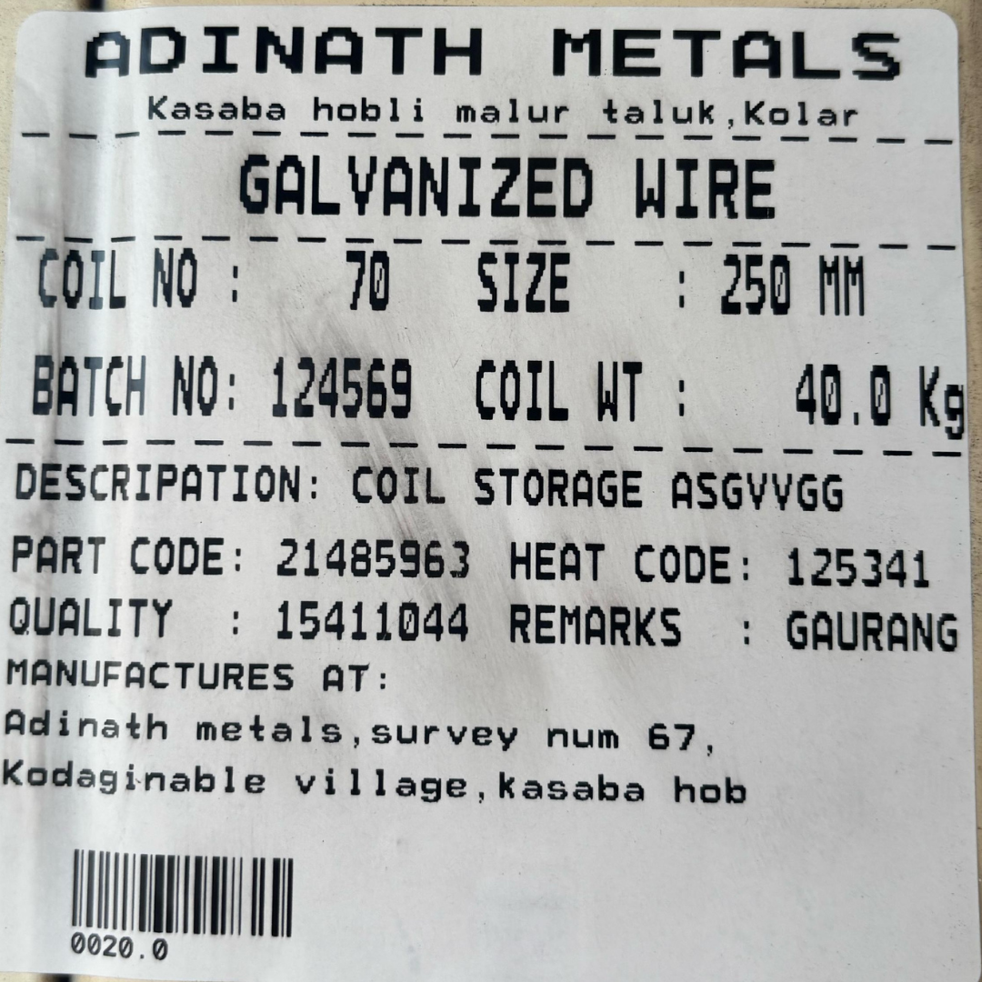 Adinath Metals galvanized wire coil weight barcode label with batch heat code size and weight