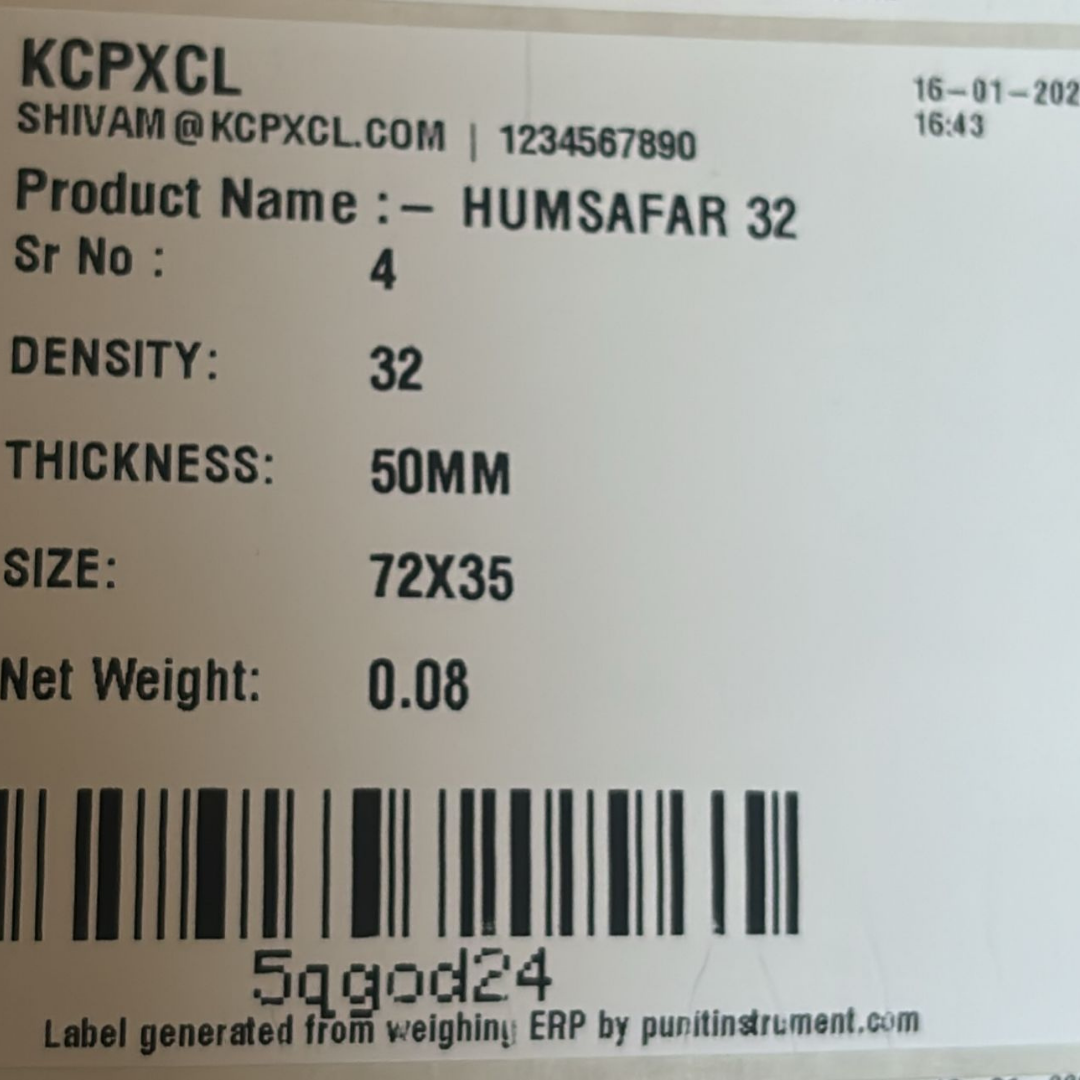 Mattress foam manufacturing weighing label with density thickness size net weight and barcode