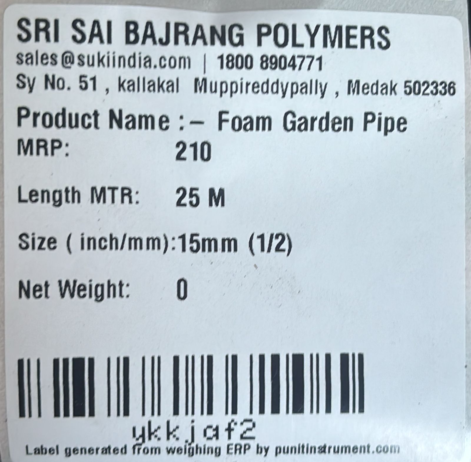 Sri Sai Bajrang polymer pipe weighing barcode label