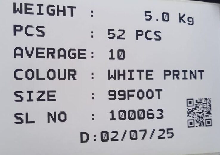 Tarpaulin manufacturing weighing label with weight pieces size colour QR code